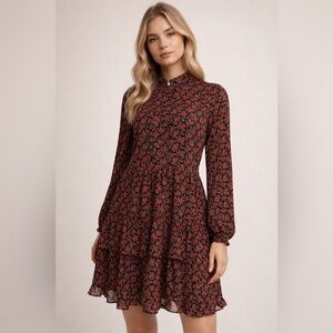 Berthie Paris Red Floral Tiered Dress | Long Sleeve Romantic Mini Dress NWT